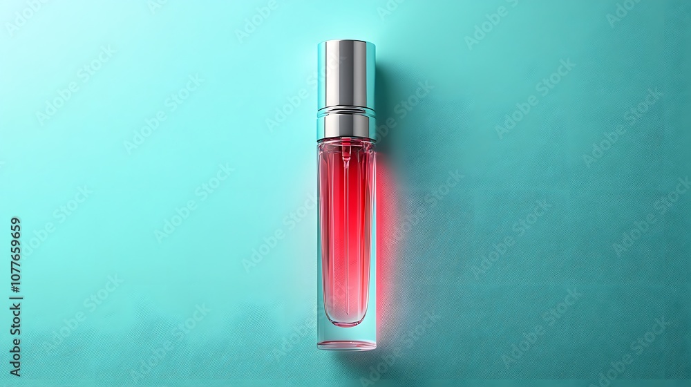 Elegant cosmetic serum bottle with a sleek design against a cool mint green background, showcasing a vibrant red liquid for skincare enthusiasts and beauty lovers. Elegant cosmetic serum bottle with a sleek design against a cool mint green background, showcasing a vibrant red liquid for skincare enthusiasts and beauty lovers.