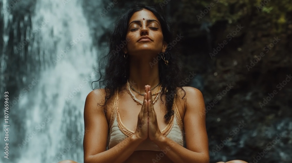 Woman Meditating by Waterfall Woman Meditating by Waterfall
