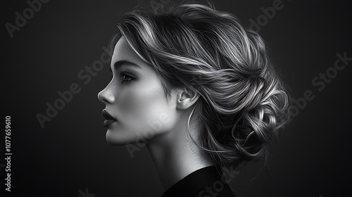 Artistic shot of a hair model with a relaxed, tousled updo, her hair reflecting soft, diffused studio light, delicate curls framing her face, smooth dark backdrop creating a moody contrast,