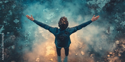 Wallpaper Mural Man with arms outstretched facing a powerful, swirling, blue and yellow energy, standing on a rocky ground. Concept of hope, power, spiritual, rebirth. Torontodigital.ca