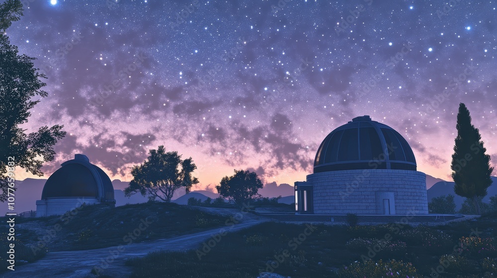 Photograph an observatory at dusk, as the sun sets and the first stars appear. The calm of the evening sets the stage for a night of exploration in the night sky. Photograph an observatory at dusk, as the sun sets and the first stars appear. The calm of the evening sets the stage for a night of exploration in the night sky.