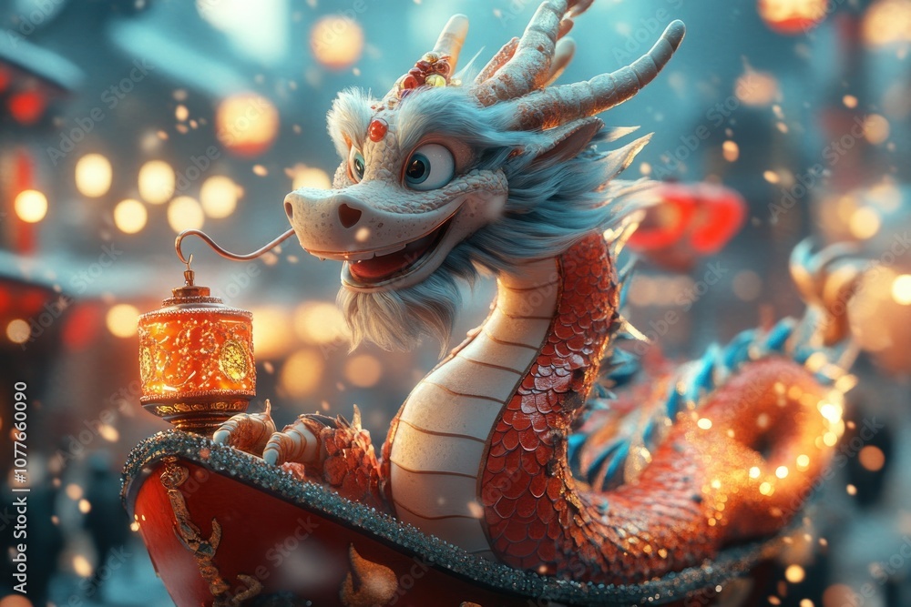 Obraz premium A friendly, cartoon dragon with a red lantern and a glowing background.