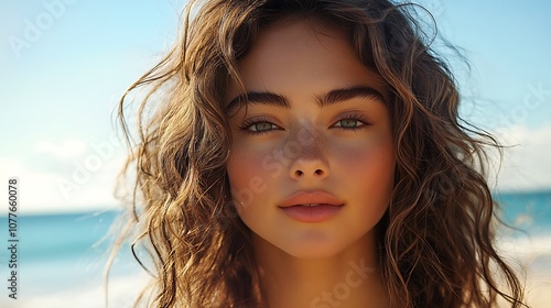 Artistic shot of a hair model with voluminous beach waves, illuminated by bright midday sunlight, sandy beach in the background, natural highlights and texture visible, relaxed and breezy look,