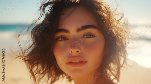 Artistic shot of a hair model with voluminous beach waves, illuminated by bright midday sunlight, sandy beach in the background, natural highlights and texture visible, relaxed and breezy look,