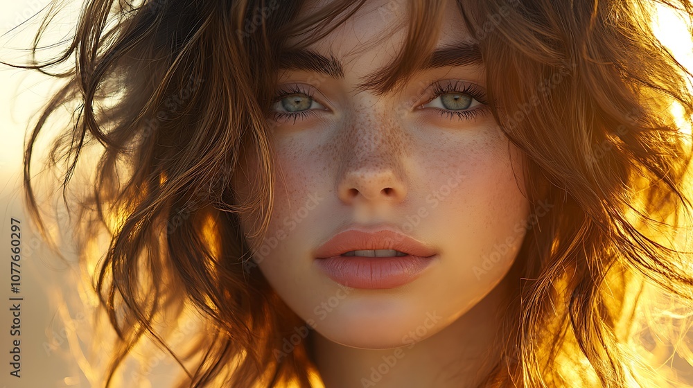 Close-up of a hair model with tousled, wavy hair, sunlit strands reflecting a warm golden light, beach setting with soft waves in the background, emphasis on the natural, textured appearance, Close-up of a hair model with tousled, wavy hair, sunlit strands reflecting a warm golden light, beach setting with soft waves in the background, emphasis on the natural, textured appearance,