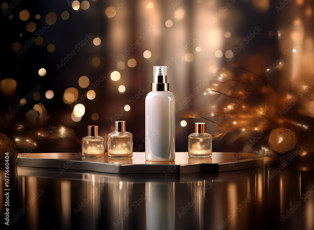 A white spray bottle sits on a silver tray surrounded by three smaller bottles and glowing lights. A white spray bottle sits on a silver tray surrounded by three smaller bottles and glowing lights.