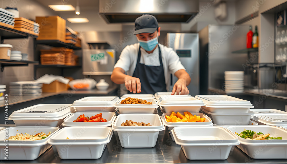 A view of an employee preparing to pack several food to-go containers, in a restaurant kitchen setting isolated with white highlights, png A view of an employee preparing to pack several food to-go containers, in a restaurant kitchen setting isolated with white highlights, png