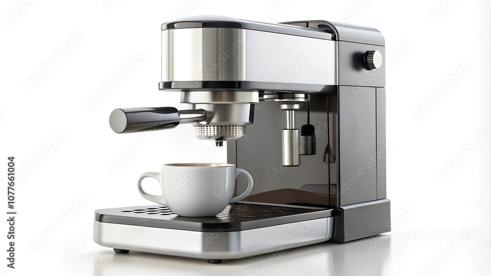 A compact espresso machine for travel, perfectly depicted on a white background, modern design and convenience. A compact espresso machine for travel, perfectly depicted on a white background, modern design and convenience.