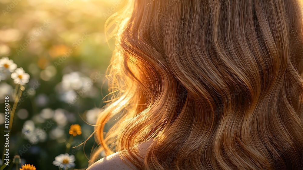 Close-up of a hair model’s sunlit hair, strands glowing with the soft, warm light of the setting sun, outdoor scene with blurred wildflowers in the background, Close-up of a hair model’s sunlit hair, strands glowing with the soft, warm light of the setting sun, outdoor scene with blurred wildflowers in the background,