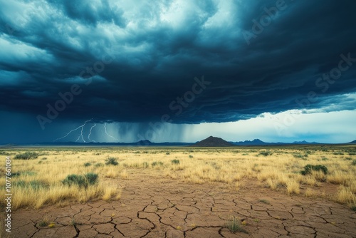 Dark storm clouds gather above an arid desert with cracked earth, hinting at imminent rain and potential lightning strikes. Generative AI photo