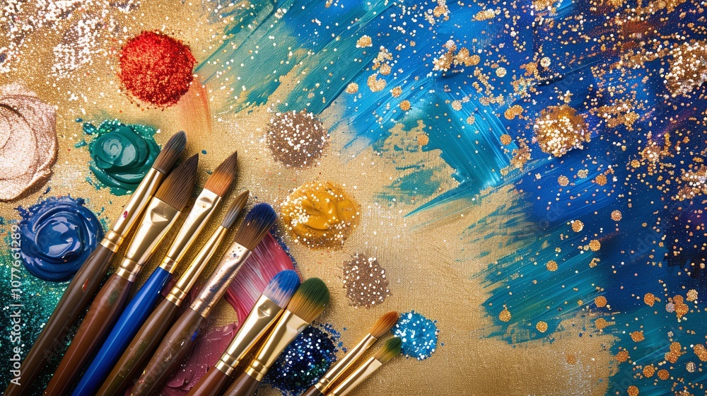 Fototapeta premium Gold and blue paint jars with brushes, vibrant artistic tools and supplies, colorful and creative design, shimmering art accents, modern painting background