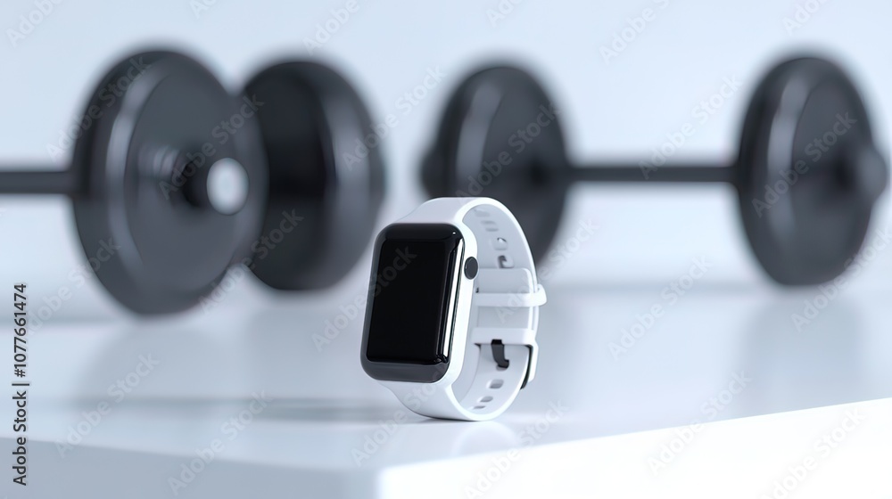 A white smartwatch with a black screen in front of a pair of black dumbbells. A white smartwatch with a black screen in front of a pair of black dumbbells.