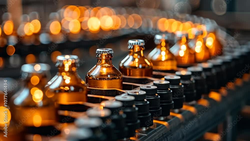 A series of amber glass bottles moves along a conveyor belt in a production facility. The warm lights create a cozy atmosphere as employees work during the evening shift A series of amber glass bottles moves along a conveyor belt in a production facility. The warm lights create a cozy atmosphere as employees work during the evening shift