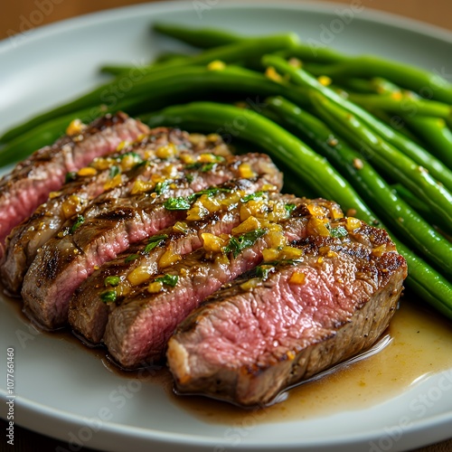 Grilled Steak with Lemon Butter Sauce and Green Beans.