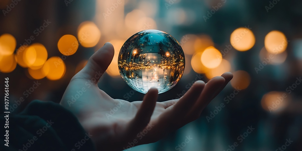 Fototapeta premium Hand Holding Crystal Ball with Blurred Lights in the Background