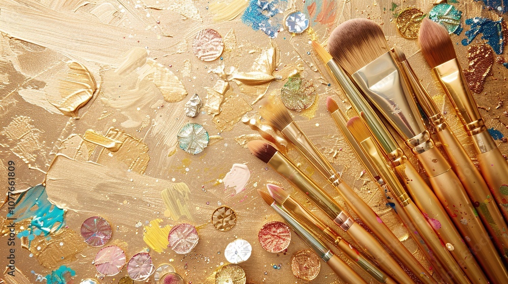 Gold glitter-covered background with paintbrushes, creative painting tools, artistic and luxurious supplies, elegant and shimmering art materials, detailed design
Gold glitter-covered background with paintbrushes, creative painting tools, artistic and luxurious supplies, elegant and shimmering art materials, detailed design