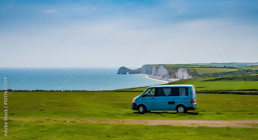 A blue van parked on a grassy field by the coast, overlooking white cliffs and the sea. A blue van parked on a grassy field by the coast, overlooking white cliffs and the sea.