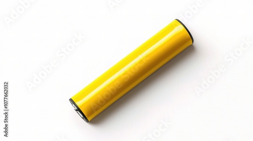 Close-up View of a Yellow AA Battery on a Clean White Background Showcasing Its Unique Color and Standard Size, Perfect for Illustrative and Educational Purposes photo