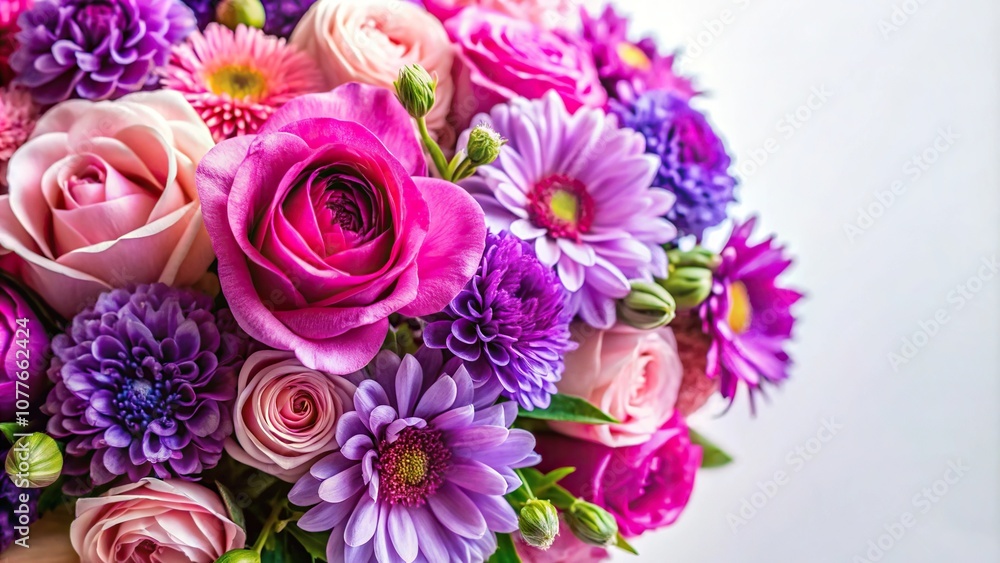 Close up of pink and purple flower bouquet on white background Close up of pink and purple flower bouquet on white background