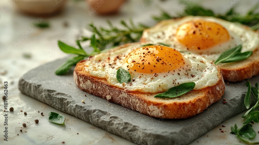 Two fried eggs on toast with herbs and pepper on a black slate plate. Two fried eggs on toast with herbs and pepper on a black slate plate.