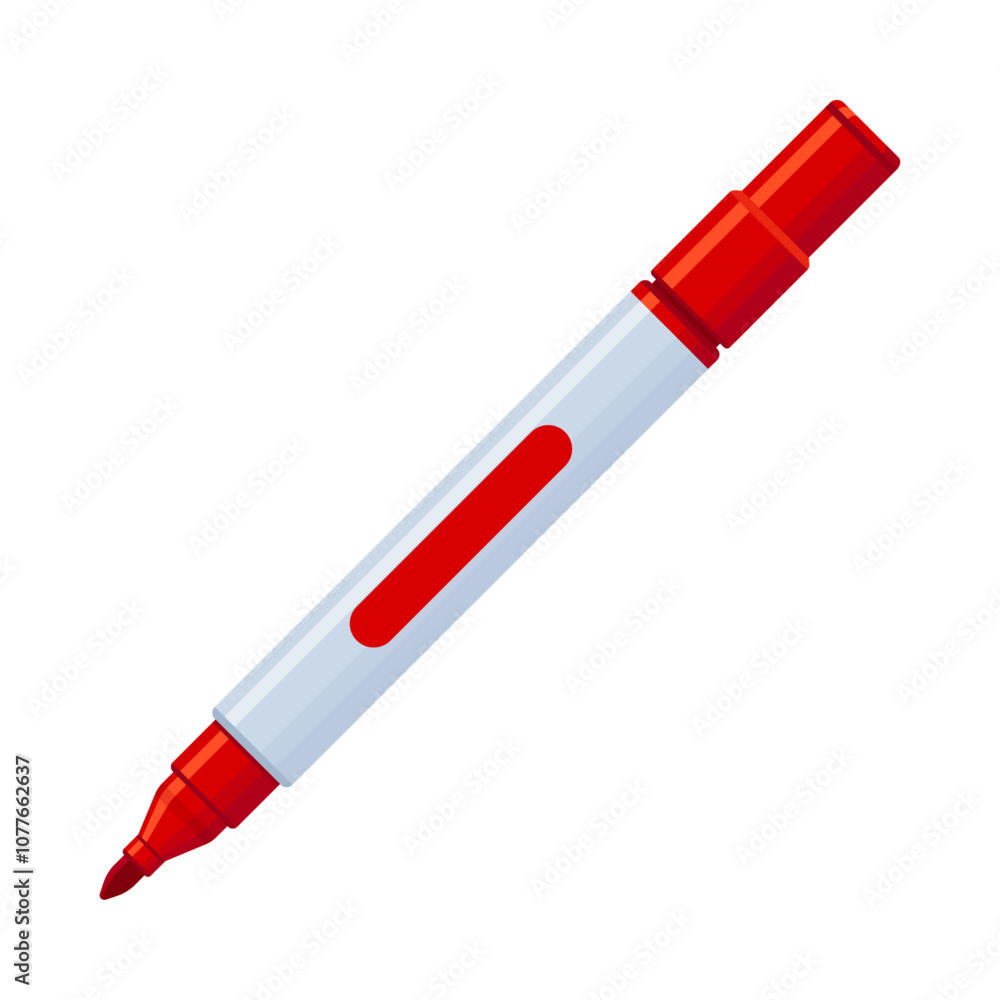 Red whiteboard permanent marker pen with cap off. School supplies, stationery, drawing, writing tool concept. Flat vector illustration isolated on a white background with copy space Red whiteboard permanent marker pen with cap off. School supplies, stationery, drawing, writing tool concept. Flat vector illustration isolated on a white background with copy space