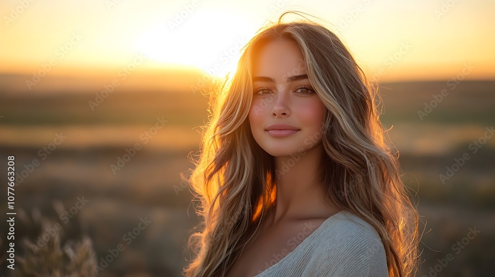 Hair model standing at the edge of a field, her long, wavy hair glowing in the soft golden hour light, strands catching the sun’s warm glow, blurred background with warm sunset tones, Hair model standing at the edge of a field, her long, wavy hair glowing in the soft golden hour light, strands catching the sun’s warm glow, blurred background with warm sunset tones,