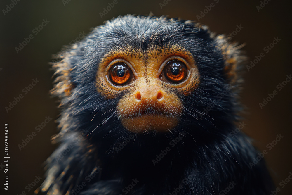 Close-up of a black-furred tamarin with striking orange eyes against a blurred background, showcasing its expressive features and vibrant facial contrast. Close-up of a black-furred tamarin with striking orange eyes against a blurred background, showcasing its expressive features and vibrant facial contrast.