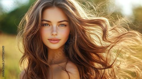 Hair model standing in an open field, wind gently blowing her long, silky hair, strands flowing elegantly, natural sunlight highlighting the smooth texture and healthy shine,