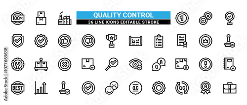 36 Quality Control Line Icons Set Pack Editable Stroke Vector Illustration.