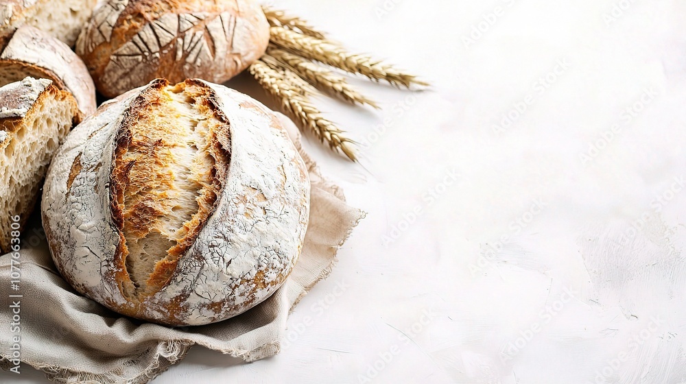 Obraz premium Freshly Baked Artisan Loaf of Homemade Bread Isolated on a Rustic Background with Wheat Ears, Perfect for Cooking and Baking Photography