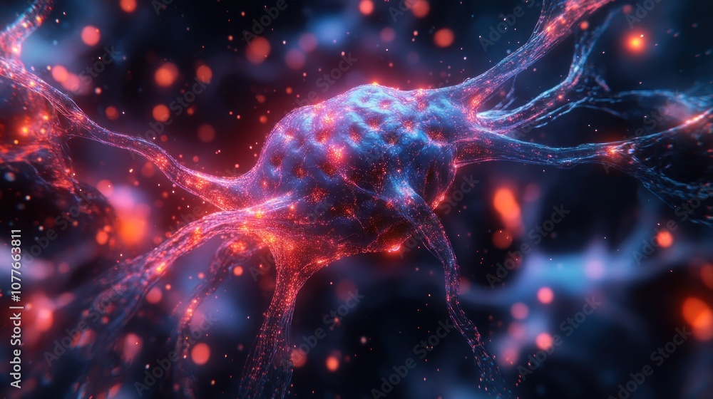 A 3D rendering of a neuron cell with glowing red and blue lights. A 3D rendering of a neuron cell with glowing red and blue lights.