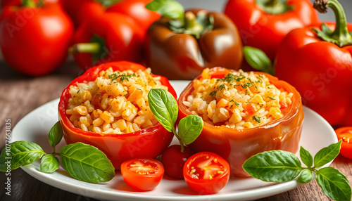 Gemista, Greek traditional food , stuffed tomatoes and peppers with rice isolated with white highlights, png photo