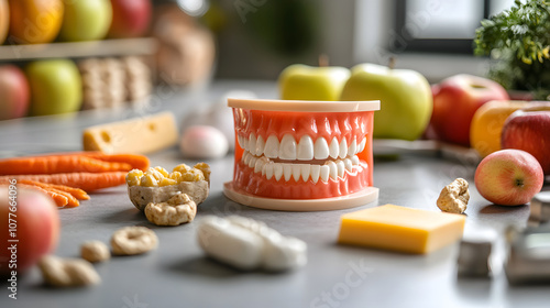 A dental model surrounded by healthy foods, emphasizing oral health and nutrition.