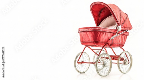 Vintage Red Baby Carriage Isolated on White Background, Ideal for Baby Theme, Childhood, Maternity, and Parenting-related Projects