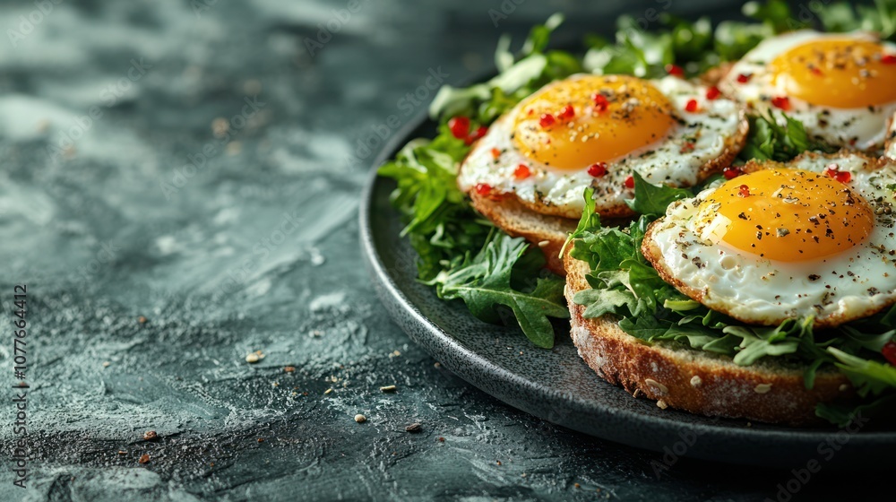 Delicious fried eggs on toast with salad and chili flakes. Delicious fried eggs on toast with salad and chili flakes.