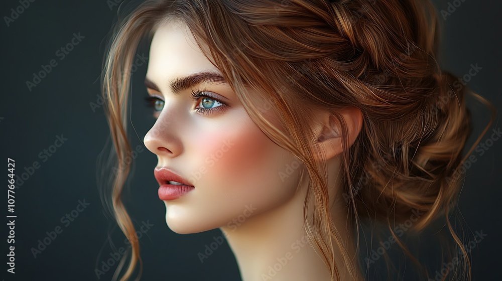 Fototapeta premium Hair model with a stylish, loose updo, soft tendrils framing her face, illuminated by warm studio lighting, healthy shine highlighting the texture of the hair,