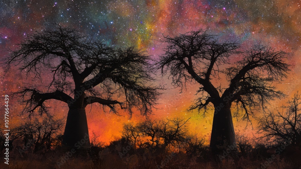 Twilight Silhouette of Trees Against Starry Sky Twilight Silhouette of Trees Against Starry Sky