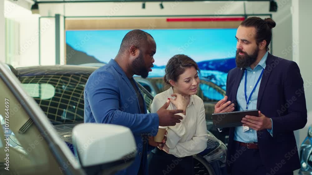 Car dealership salesman showing product offerings on tablet to clients, making appropriate recommendations. Showroom agent presents financing options to customers on device, camera A Car dealership salesman showing product offerings on tablet to clients, making appropriate recommendations. Showroom agent presents financing options to customers on device, camera A