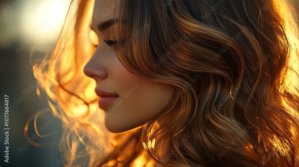 Hair model with long, flowing hair illuminated by the golden light of sunset, strands glowing softly, gentle breeze adding movement, outdoor setting with a blurred natural landscape, Hair model with long, flowing hair illuminated by the golden light of sunset, strands glowing softly, gentle breeze adding movement, outdoor setting with a blurred natural landscape,
