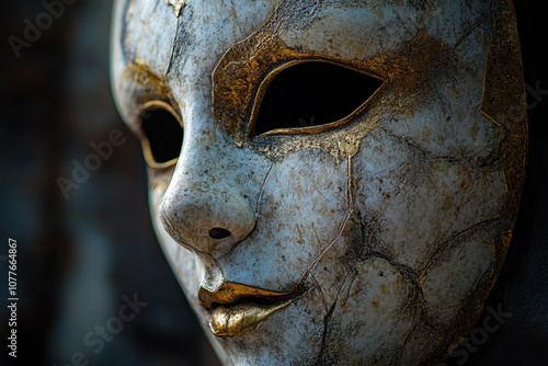 Close-up of an ornate, cracked mask with intricate golden detailing, conveying a mysterious and enigmatic aura against a dark background. photo