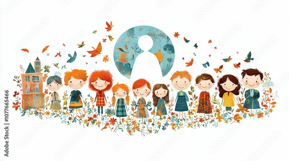 A group of cartoon children standing in front of a building and a blue circle with a white outline A group of cartoon children standing in front of a building and a blue circle with a white outline