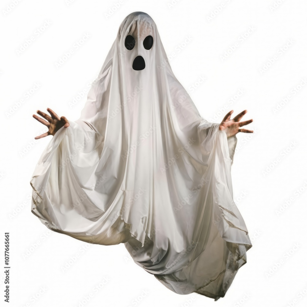 Ghostly Figure: A spectral figure draped in a white sheet, with a haunting presence and mysterious eyes. A perfect image for spooky season, Halloween, or fantasy projects. Ghostly Figure: A spectral figure draped in a white sheet, with a haunting presence and mysterious eyes. A perfect image for spooky season, Halloween, or fantasy projects.