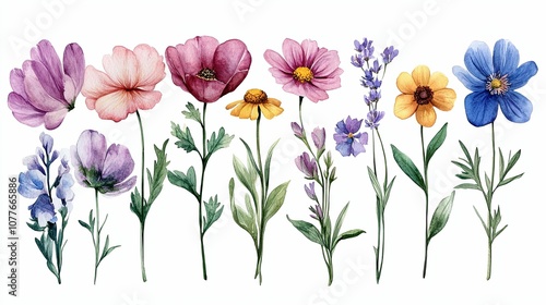 Wallpaper Mural Watercolor Illustration of Colorful Wildflowers with Green Stems and Leaves Torontodigital.ca