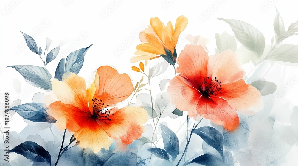 Watercolor Painting of Delicate Peach and Yellow Flowers with Blue Leaves Watercolor Painting of Delicate Peach and Yellow Flowers with Blue Leaves