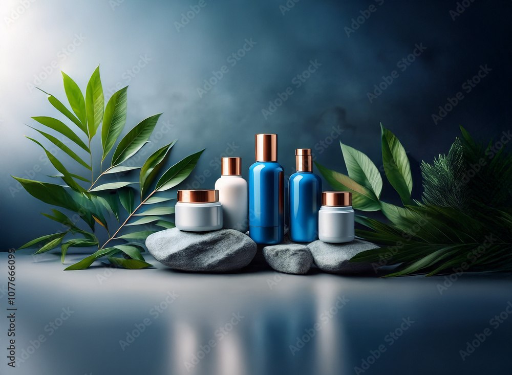 A group of skincare products are arranged on rocks and surrounded by green leaves against a dark blue background. A group of skincare products are arranged on rocks and surrounded by green leaves against a dark blue background.