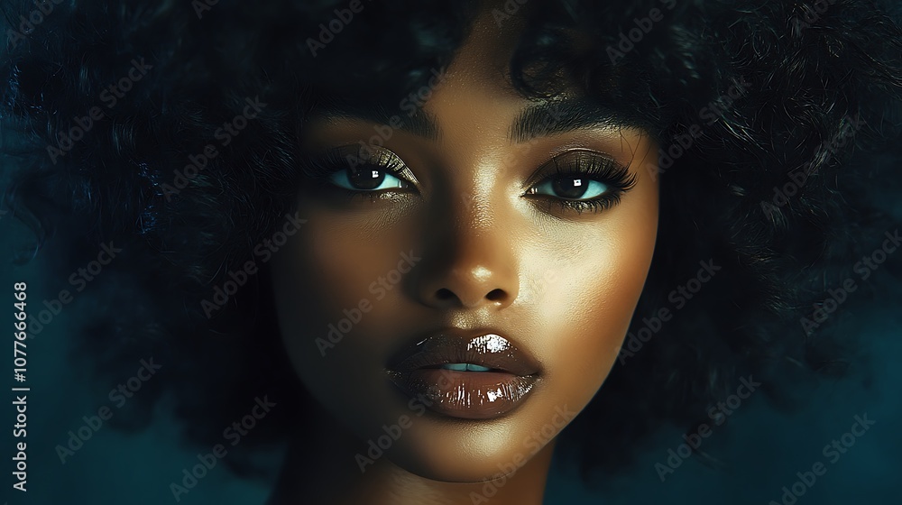 Portrait of a hair model with large, glamorous curls, soft lighting emphasizing the glossy surface and texture, dark studio setting for dramatic contrast, curls framing the model’s face, Portrait of a hair model with large, glamorous curls, soft lighting emphasizing the glossy surface and texture, dark studio setting for dramatic contrast, curls framing the model’s face,
