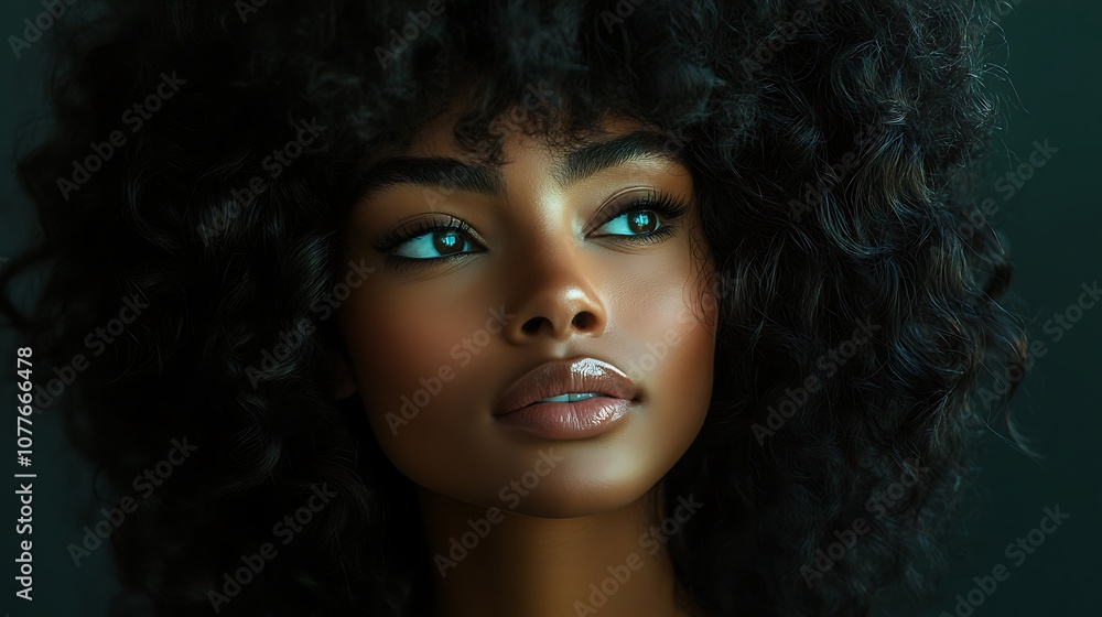 Portrait of a hair model with large, glamorous curls, soft lighting emphasizing the glossy surface and texture, dark studio setting for dramatic contrast, curls framing the model’s face, Portrait of a hair model with large, glamorous curls, soft lighting emphasizing the glossy surface and texture, dark studio setting for dramatic contrast, curls framing the model’s face,