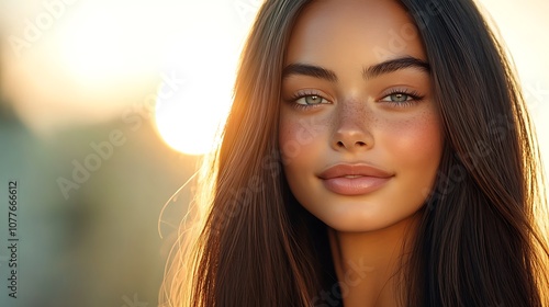 Portrait of a hair model with sleek, shiny hair, softly illuminated by the golden hour sun, sunlight reflecting off the glossy surface, outdoor scene with a warm, glowing sky,