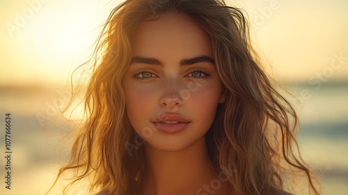 Portrait of a hair model with tousled, wavy beach hair, strands lifted by a gentle breeze, backlit by warm sunset light, focus on the soft, sun-kissed highlights and natural texture,