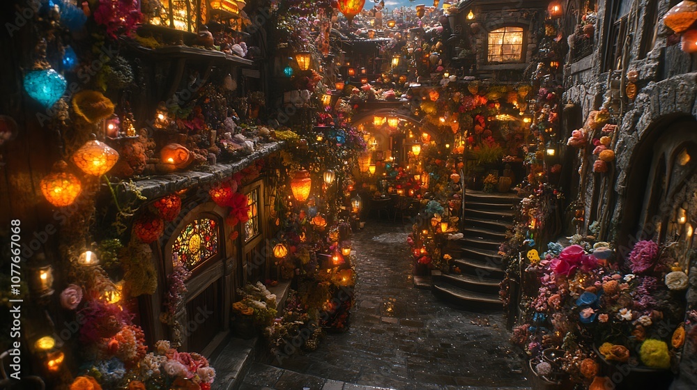 A whimsical and enchanting alleyway adorned with vibrant flowers, lanterns, and fantastical structures. A whimsical and enchanting alleyway adorned with vibrant flowers, lanterns, and fantastical structures.
